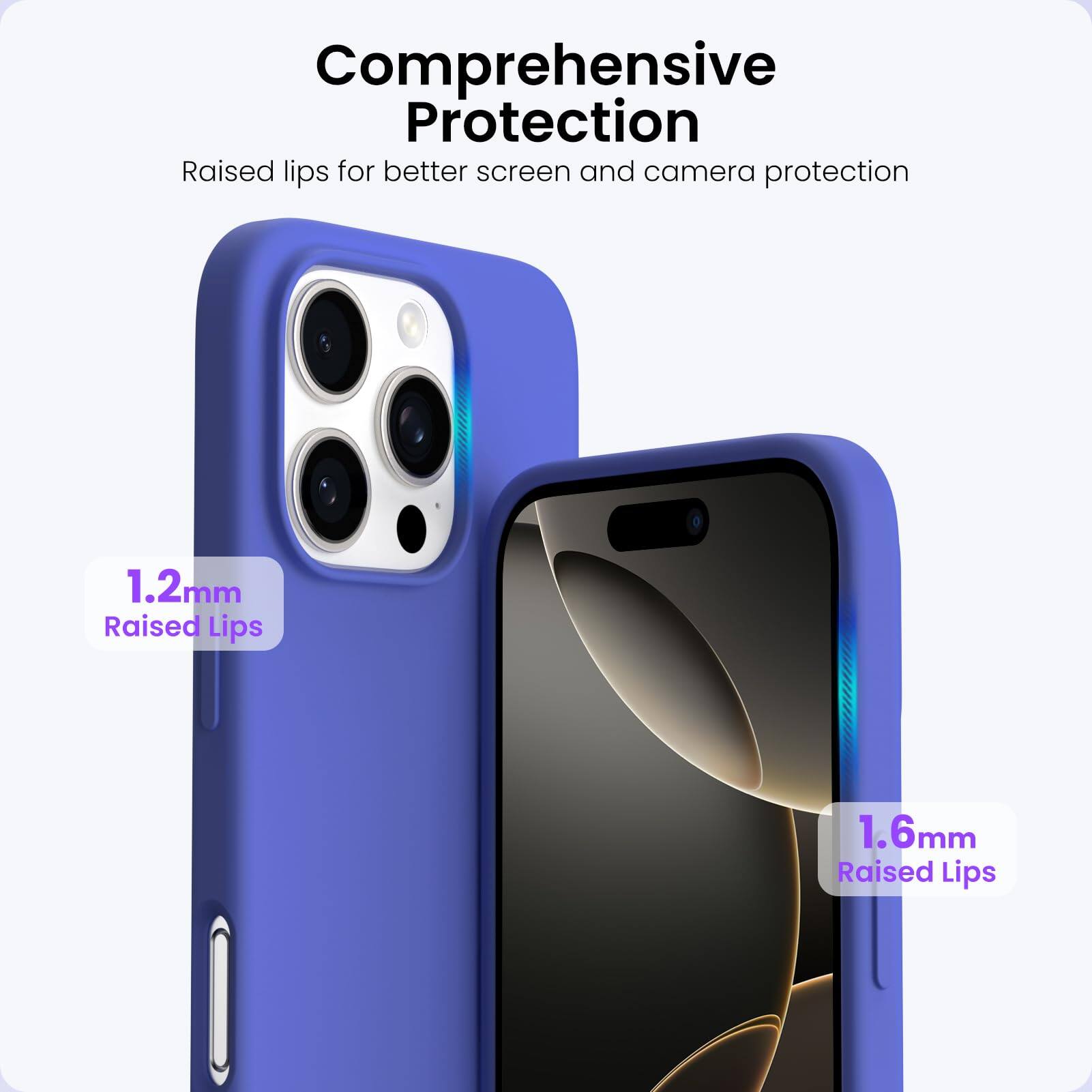 Comprehensive Protection, Raised lips for better screen and camera protection, 1.2mm Raised Lips, 1.6mm Raised Lips