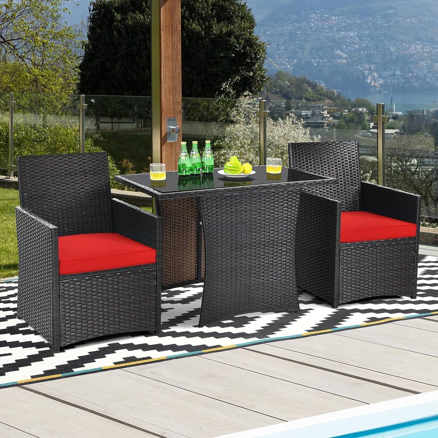 Back. Hivvago - 3-Piece Patio Furniture Outdoor Dining Set in Brown PE Rattan with Red Cushions - Brown and Red.
