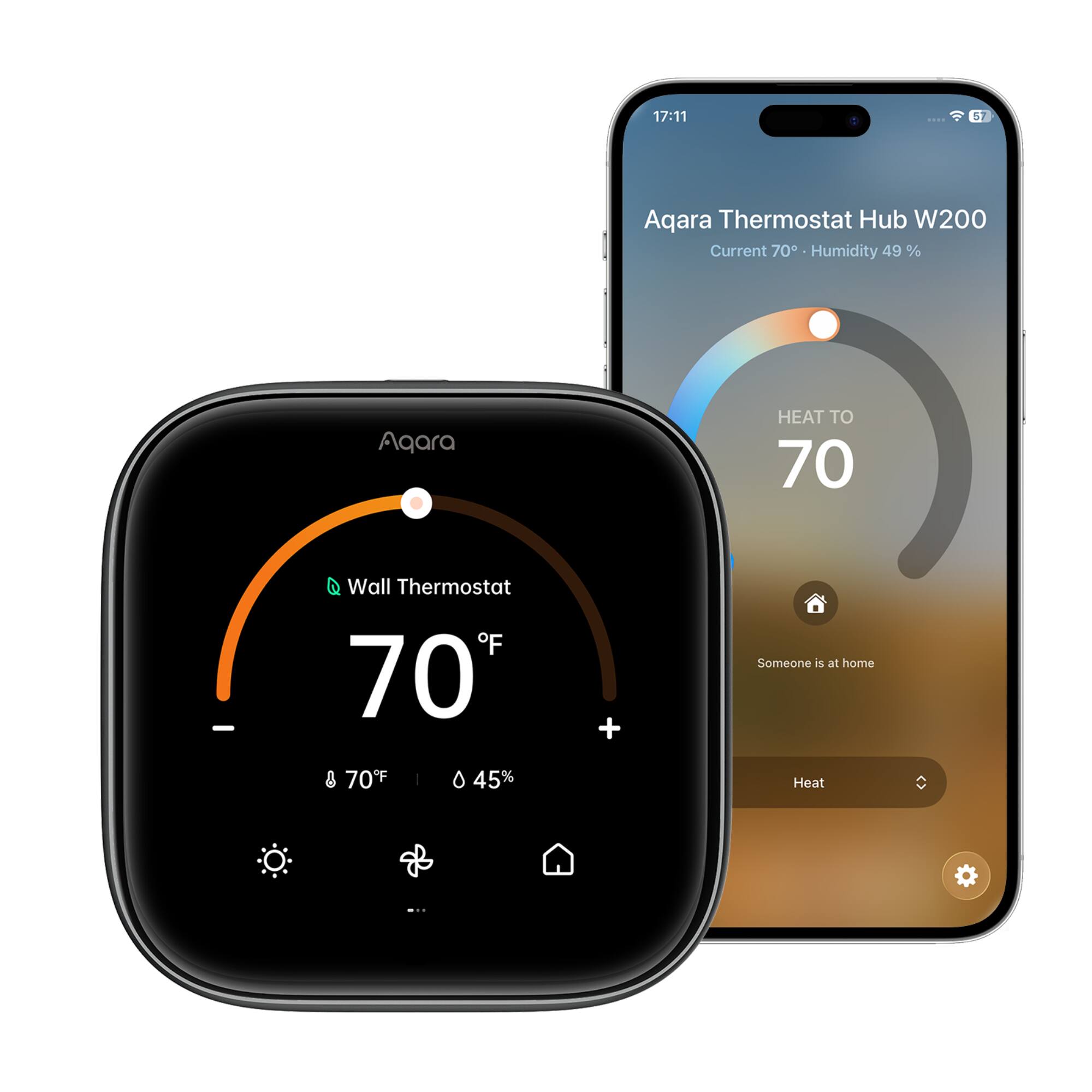 17:11 : Aqara Thermostat Hub W200 Current 70° - Humidity 49%  
Aqara HEAT TO 70  
Wall Thermostat 70°F  
Someone is at home  
Heat