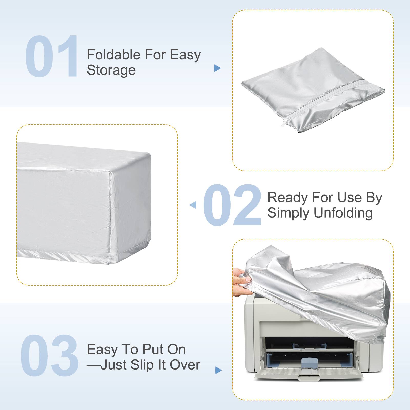 01 Foldable For Easy Storage  
02 Ready For Use By Simply Unfolding  
03 Easy To Put On — Just Slip It Over