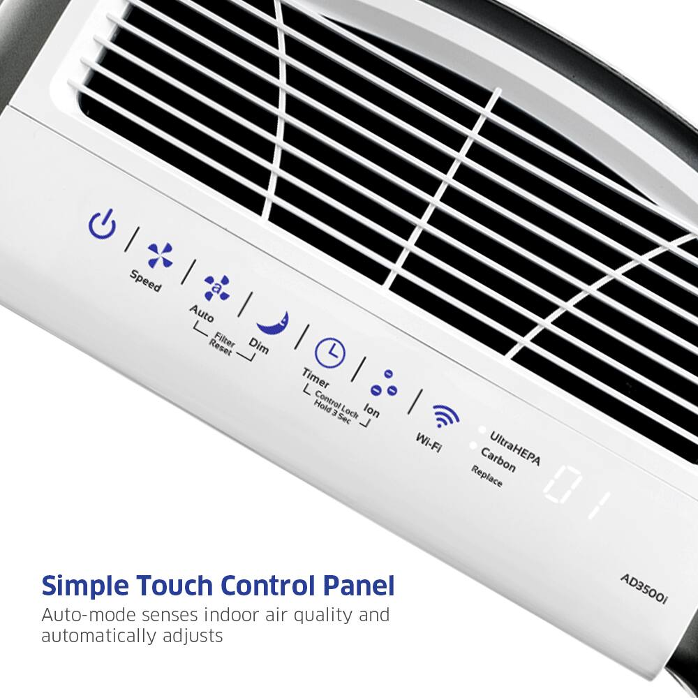 Speed Auto Reset Filter Dim Timer Hold Control 3 Sec Lock Ion Wi-Fi Carbon UltraHEPA Replace Simple Touch Control Panel Auto-mode senses indoor air quality and automatically adjusts AD3500i