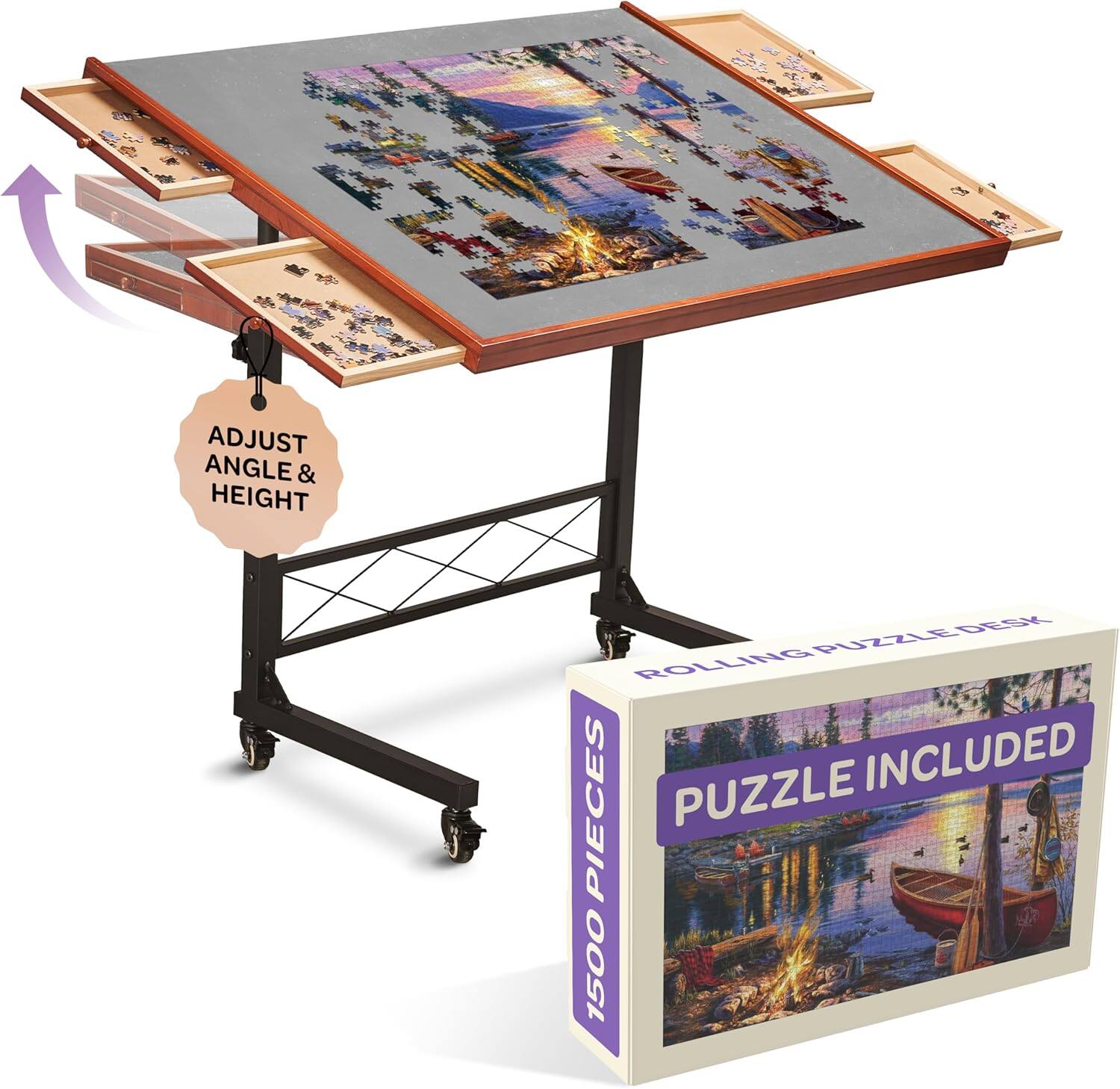 Adjust angle & height. Rolling puzzle desk. Puzzle included. 1500 pieces.