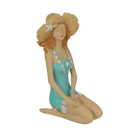 Front. Fancy That - Charming Redhead Bathing Beauty Figurine – 7.75", Straw Hat, Coastal Decor - Teal.