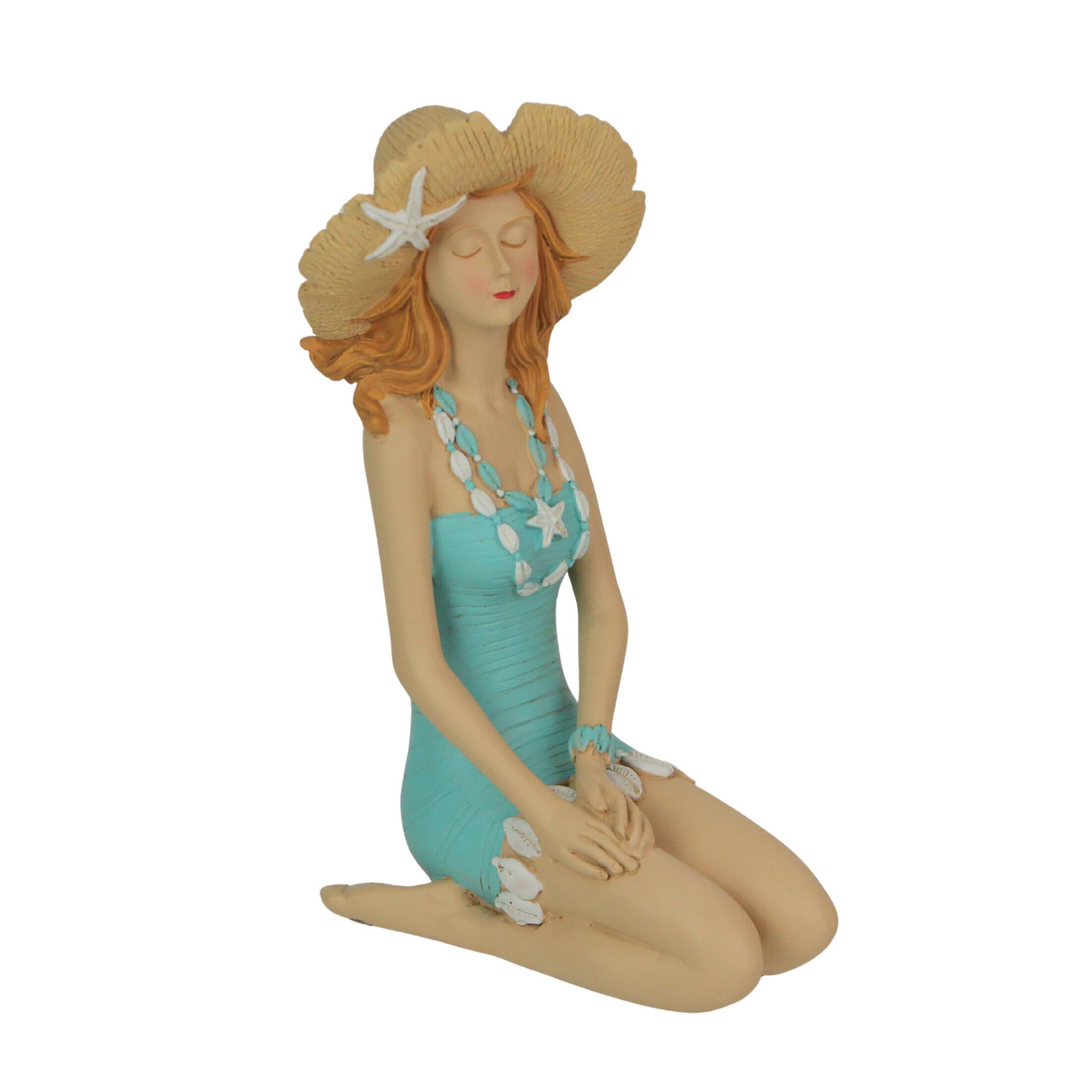 Front. Fancy That - Charming Redhead Bathing Beauty Figurine – 7.75", Straw Hat, Coastal Decor - Teal.