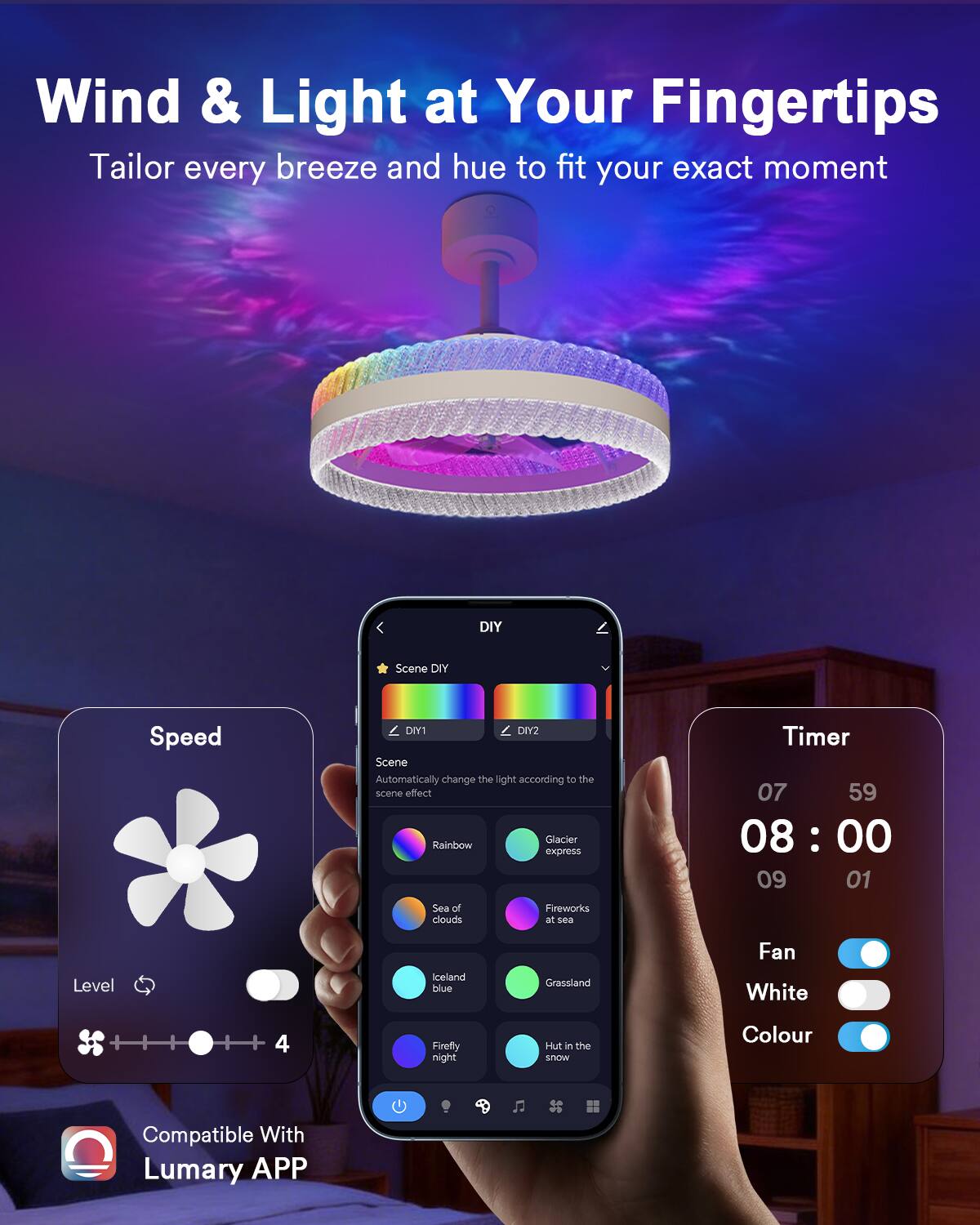 Wind & Light at Your Fingertips  
Tailor every breeze and hue to fit your exact moment  

DIY Scene  
DIY Speed  
DIY1  
DIYZ Scene  

Automatically change the light according to the scene effect  

Glacier Rainbow express  
Sea of Fireworks clouds at sea  

Timer  
07 : 59  
08 : 00  
09 : 01  

Level  
Iceland blue  
Grassland  

Fan  
White  
Colour  

Compatible With Lumary APP