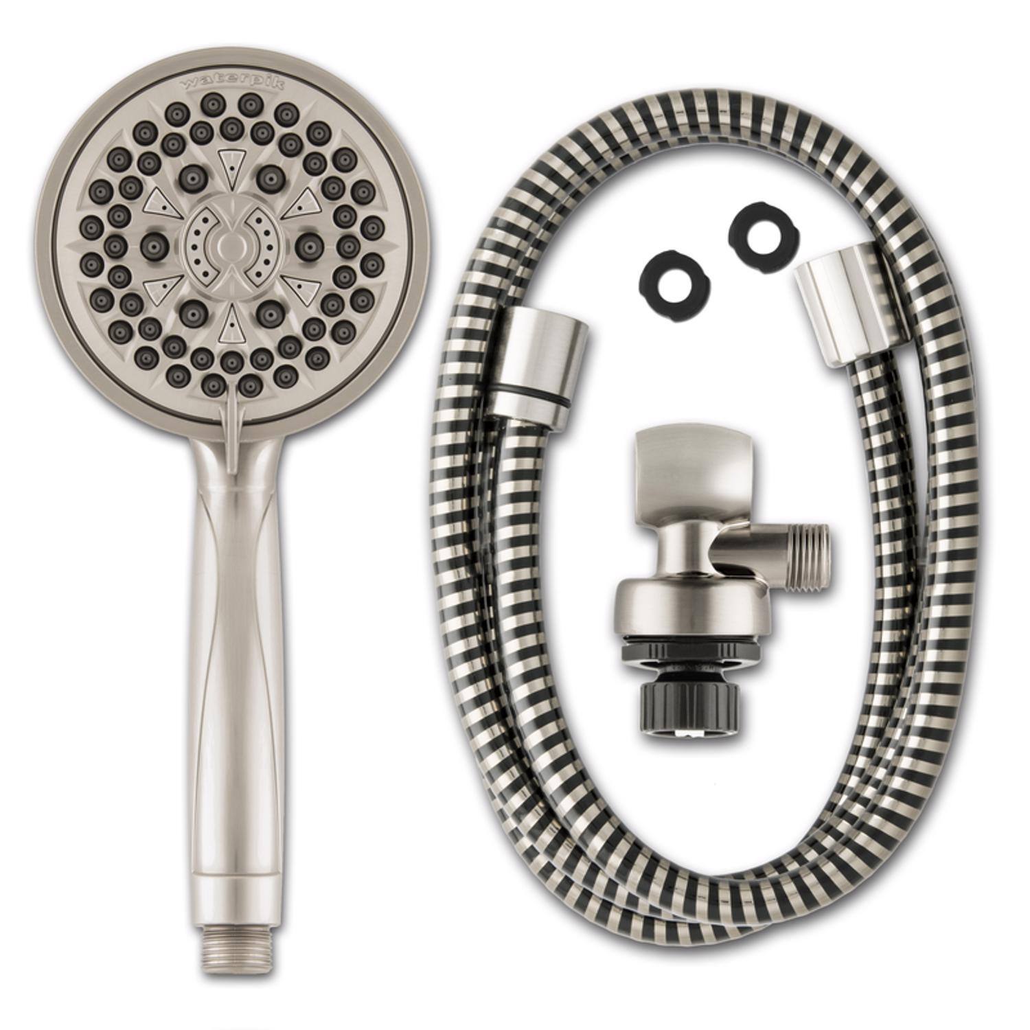 Angle. Waterpik - Waterpik PowerPluse Massage Brushed Nickel 7 settings Handheld Showerhead 1.8 gpm - Brushed.