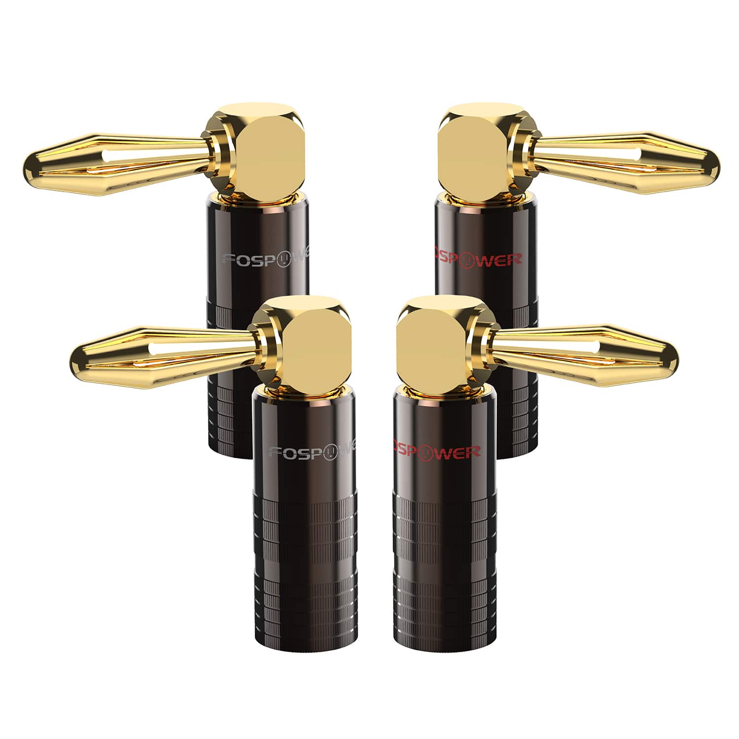 FosPower - Right Angle Banana Plugs (2 Pairs / 4 pcs), Closed Screw 24K Plated Banana Speaker Plug Connectors for Speaker Wire - Gold