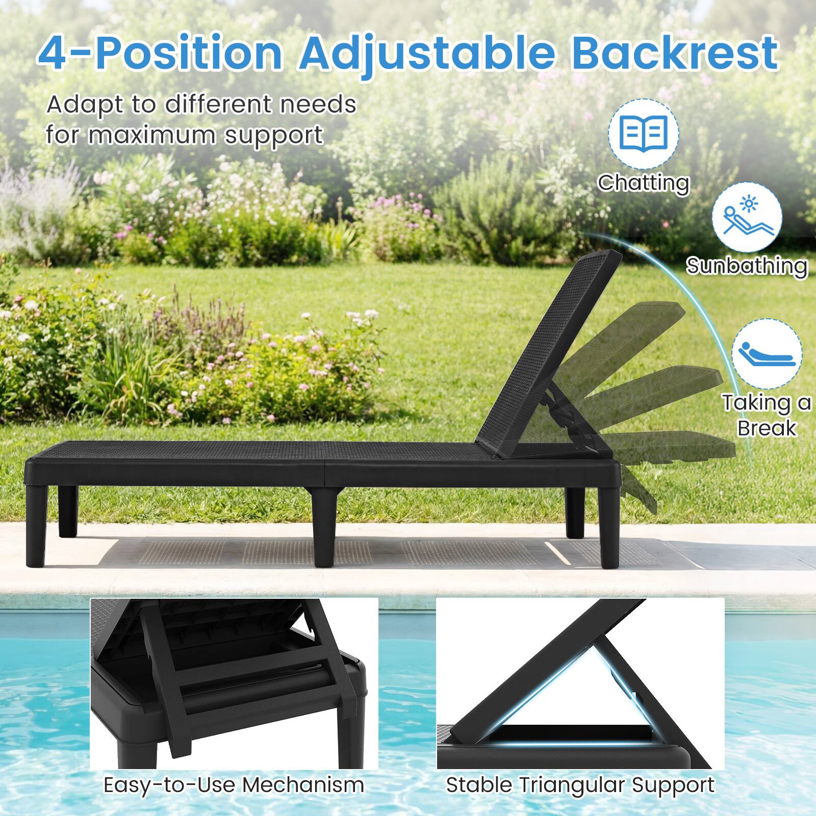 4-Position Adjustable Backrest  
Adapt to different needs for maximum support  

- Chatting  
- Sunbathing  
- Taking a Break  

Easy-to-Use Mechanism  
Stable Triangular Support