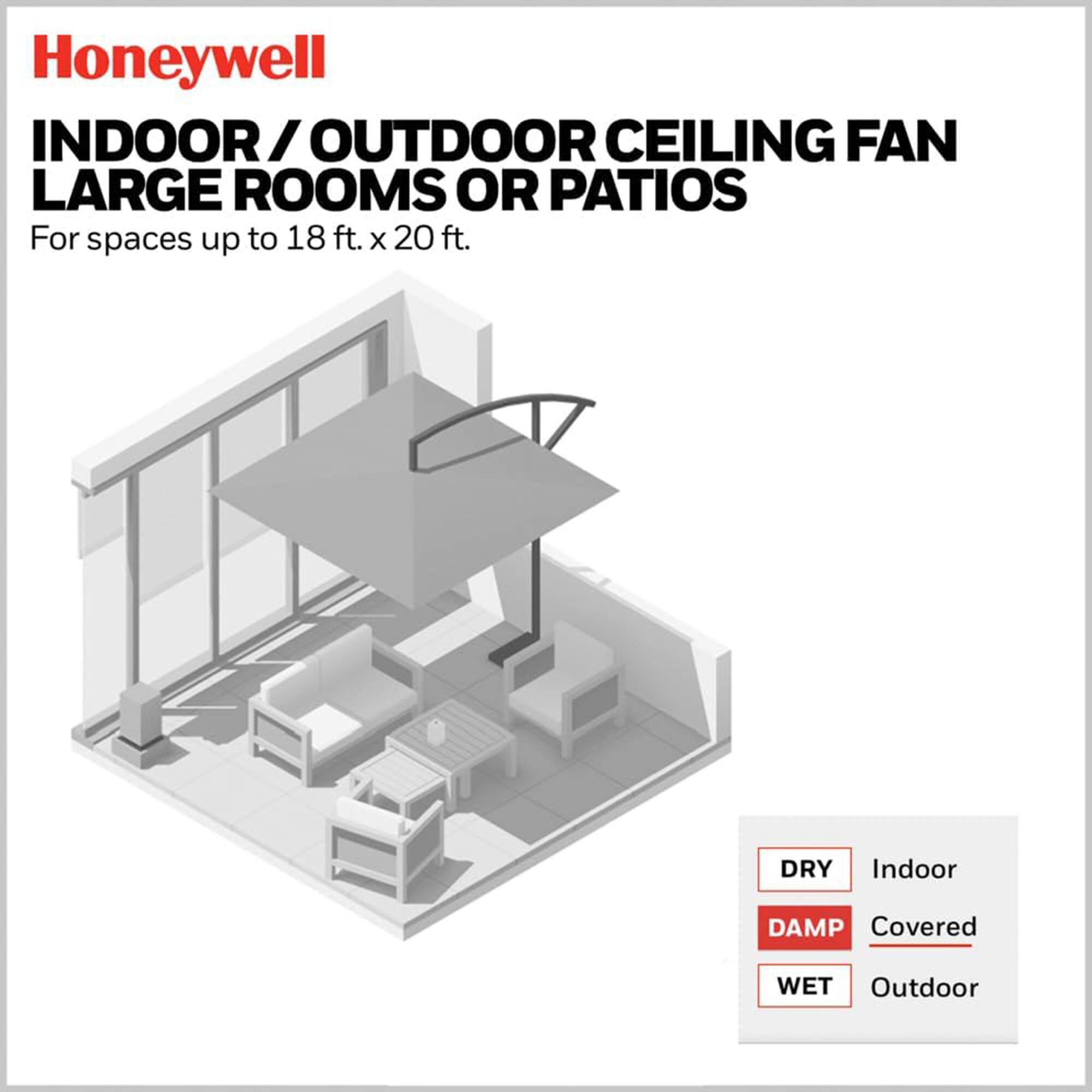 Honeywell  
INDOOR / OUTDOOR CEILING FAN  
LARGE ROOMS OR PATIOS  
For spaces up to 18 ft. x 20 ft.  

DRY - Indoor  
DAMP - Covered  
WET - Outdoor