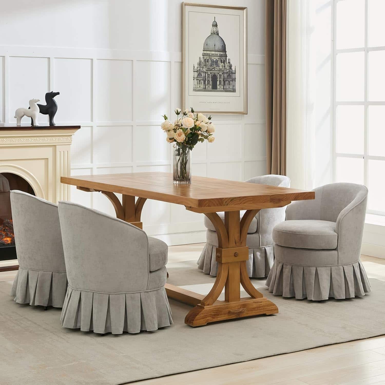 Acekool - Mid Century Modern Upholstered Arm Chair with Tall Back & Side Pockets, Wood Legs, Cute Vanity Stool for Makeup, Desk - Gray