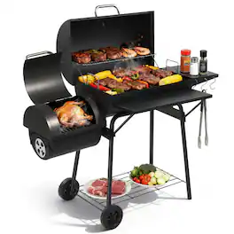 Winado - 44in Barrel Charcoal Grill with Offset Smoker, Warming Rack, Movable Wheels for Outdoor Camping Backyard Patio Parties - Black