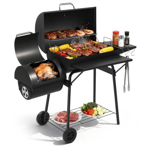 Front. Winado - 44in Barrel Charcoal Grill with Offset Smoker, Warming Rack, Movable Wheels for Outdoor Camping Backyard Patio Parties - Black.