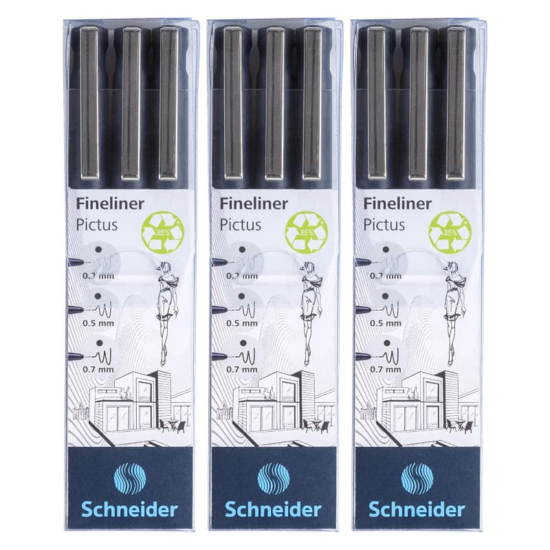 Schneider - Pictus Fineliners, Wallet, Black Ink, Assorted Sizes, 3 Per Pack, 3 Packs