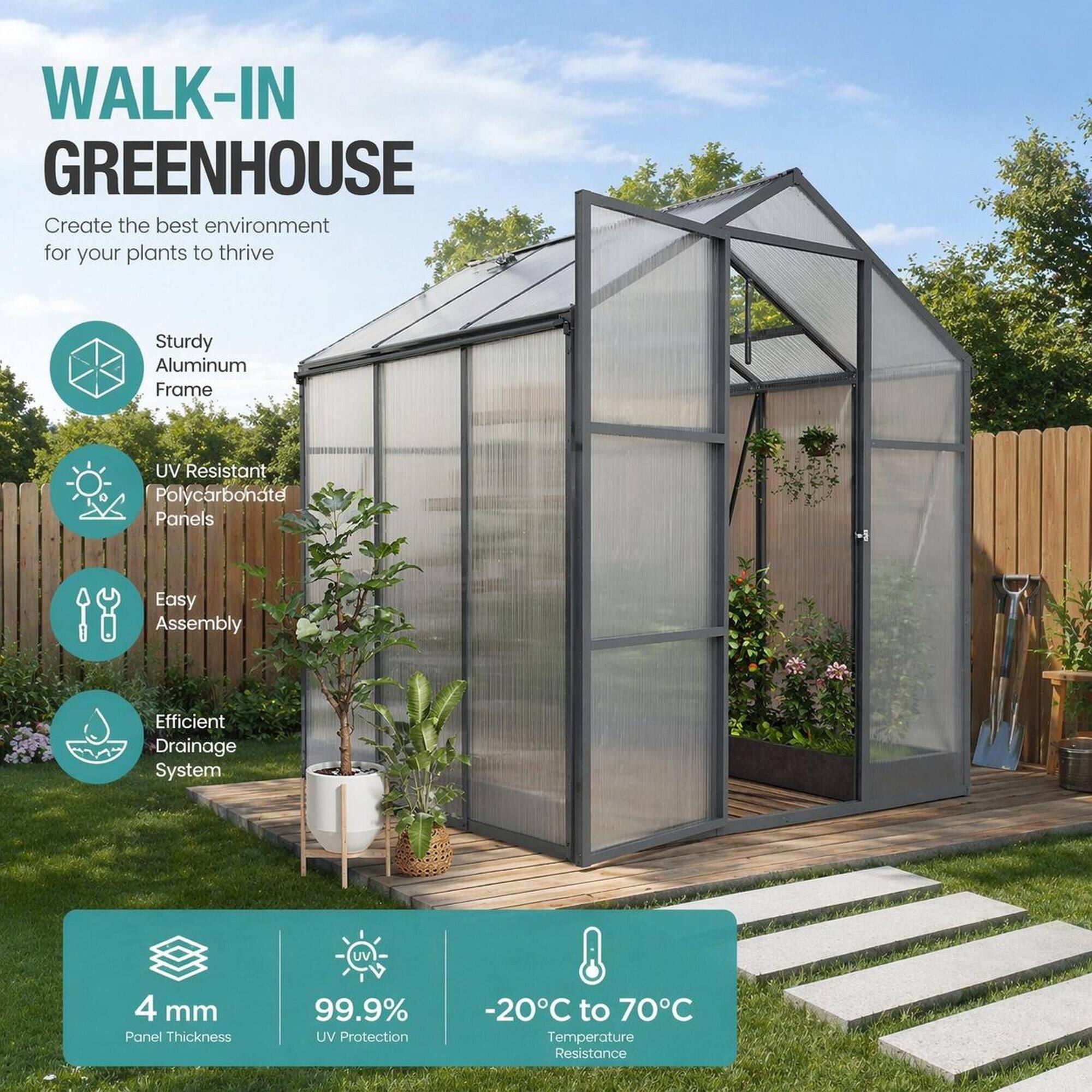 RYHNUYNE 6x6 ft Walk in Polycarbonate Greenhouse, Aluminum Frame ...