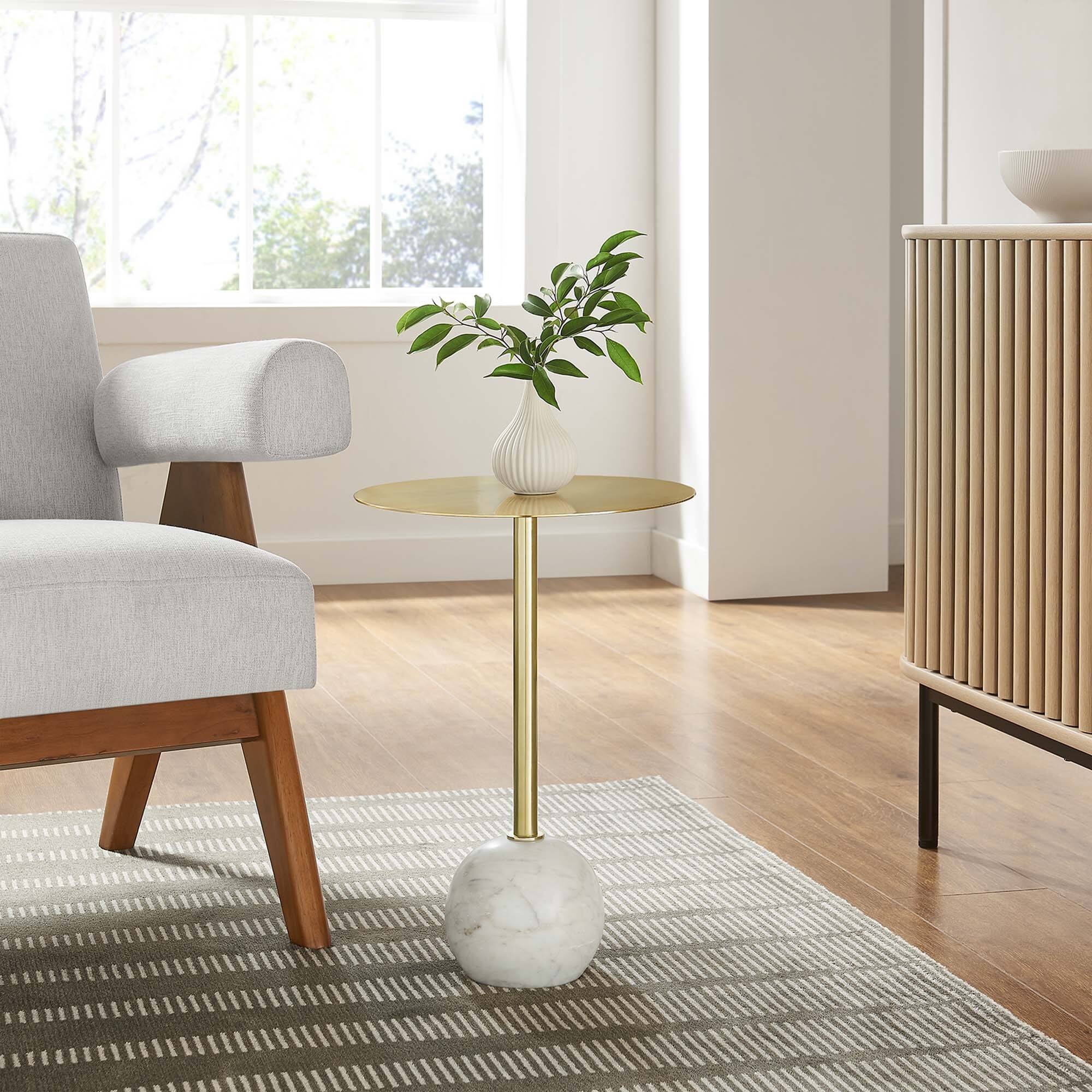 Aliza Round White Marble Side Table by Modway - White Brass