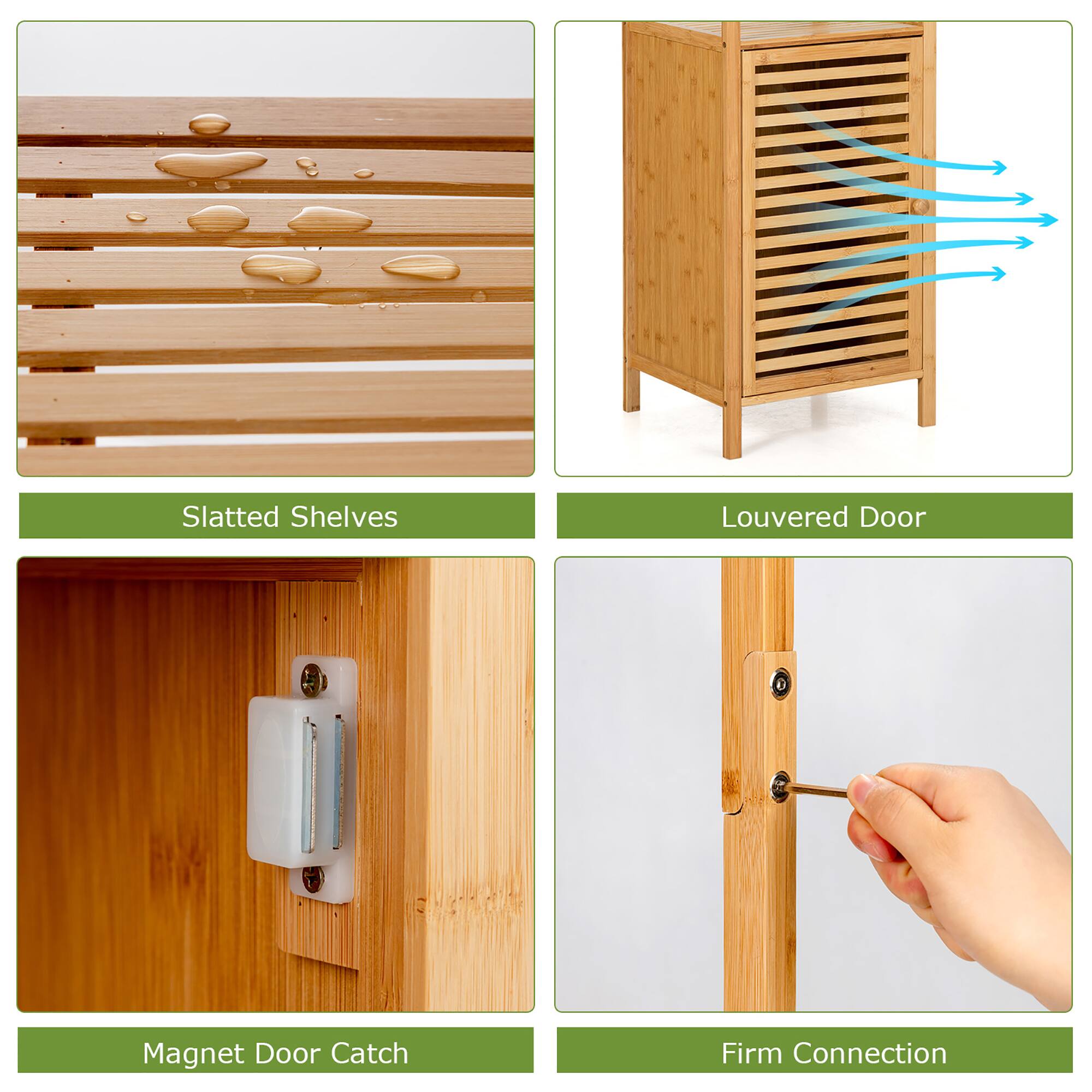 Slatted Shelves  
Louvarred Door  
Magnet Door Catch  
Firm Connection