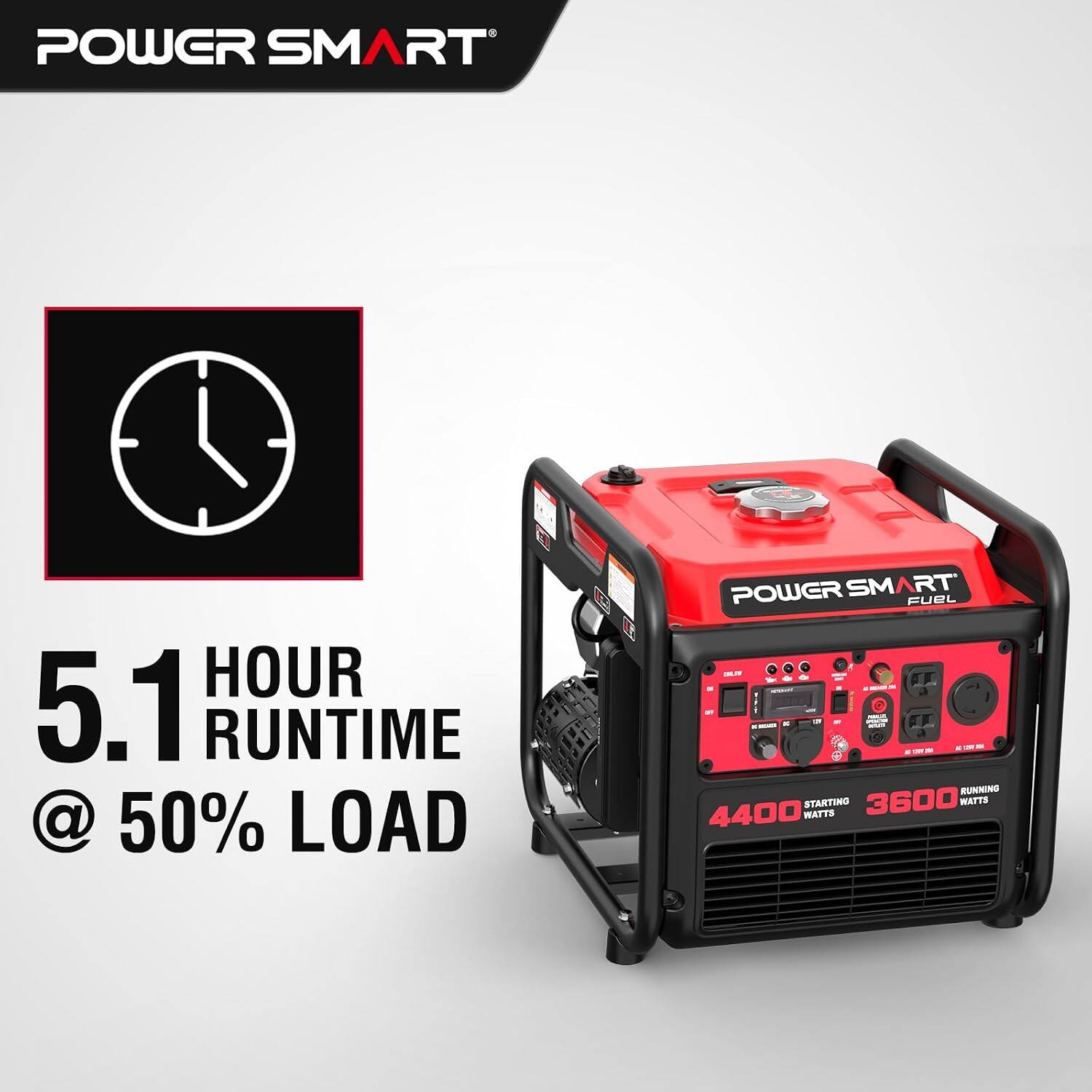 POWER SMART  
5.1 HOUR RUNTIME @ 50% LOAD  
POWER SMART FUEL  
NUSHAI with - RUNNING STARTING 3600 WATTS 4400 WATTS