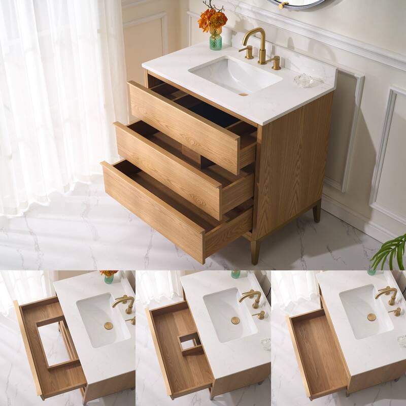 Alt View 2. WELLFOR - 36" Freestanding Solid Wood Bathroom Vanity with Carrara White Quartz Vanity Top & 3 Soft-Close Drawers and Backsplash - Oak.