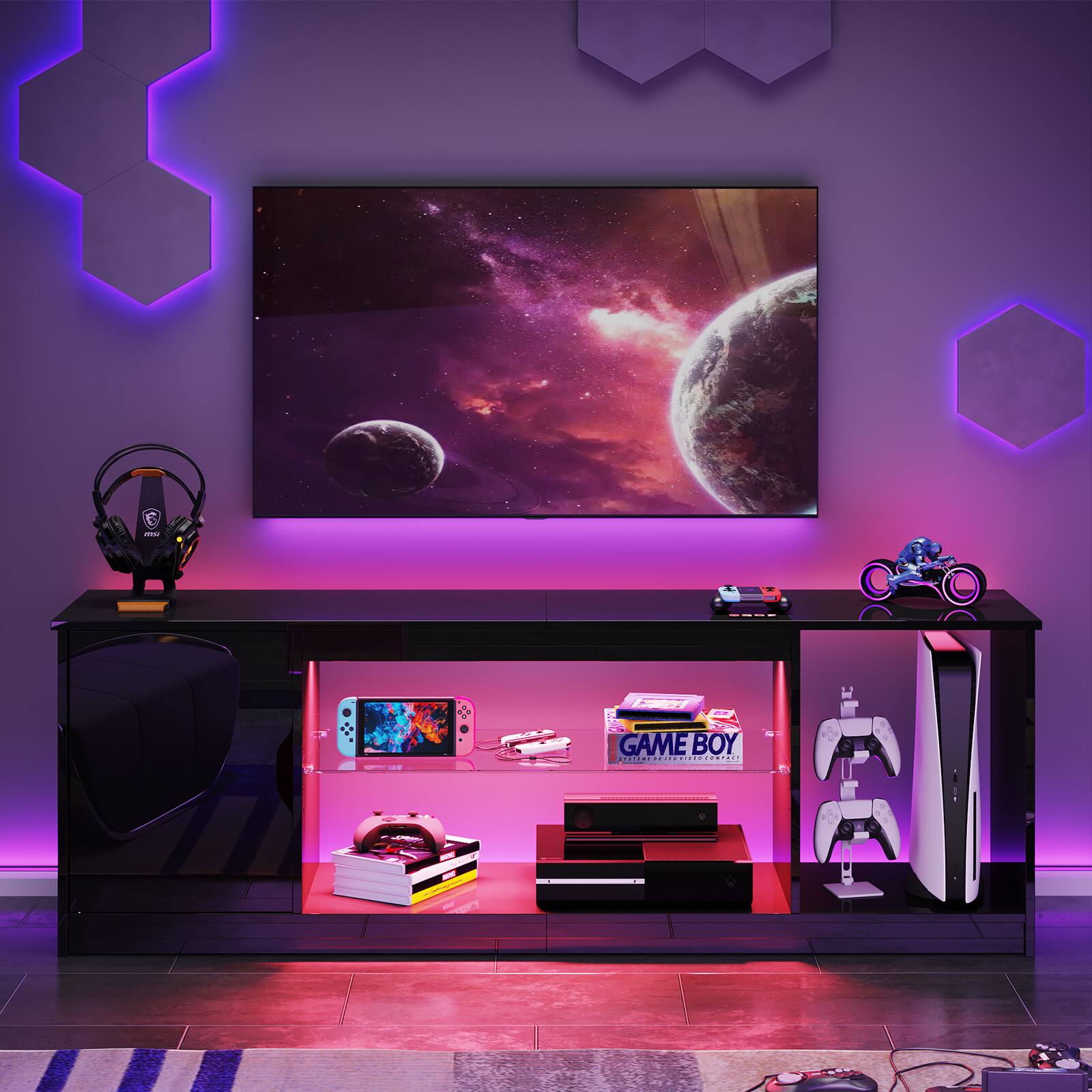 Bestier 57 inch Gaming TV Stand with RGB Lights, Adjustable Glass
