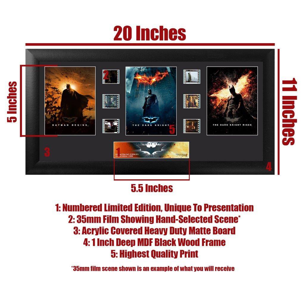 20 Inches  
5 Inches  
11 Inches  
5.5 Inches  

1: Numbered Limited Edition, Unique To Presentation  
2: 35mm Film Showing Hand-Selected Scene*  
3: Acrylic Covered Heavy Duty Matte Board  
4: 1 Inch Deep MDF Black Wood Frame  
5: Highest Quality Print  

*35mm film scene shown is an example of what you will receive