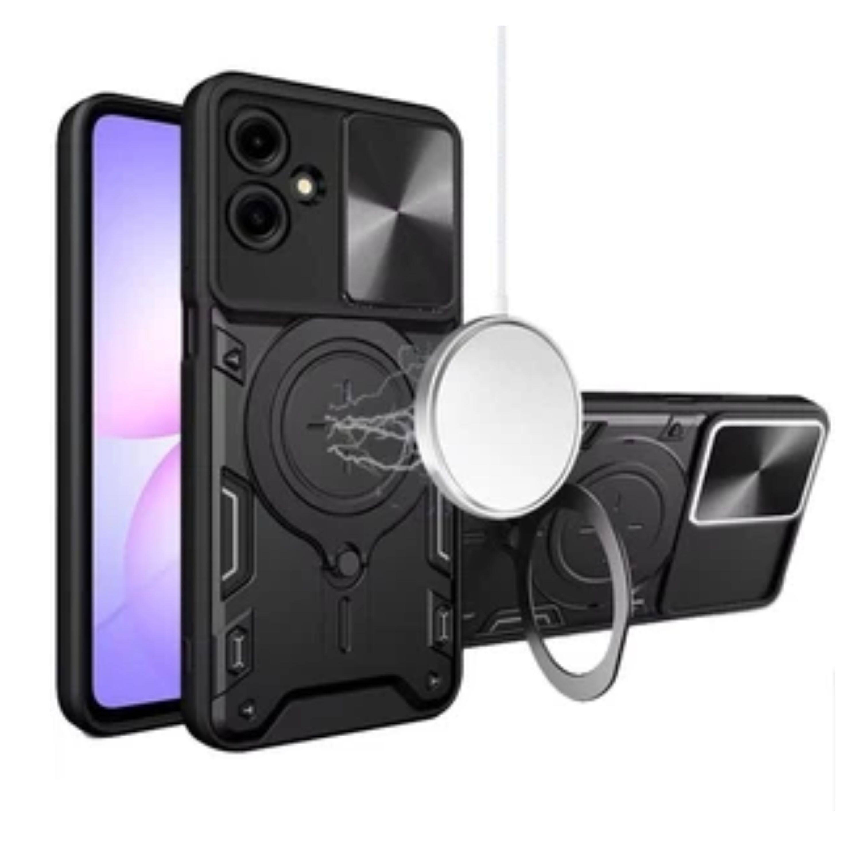 Angle. Kitcheniva - Magnetic Circle Stand Sliding Lens Cover Phone Case With Tempered Glass For Samsung Galaxy A07 Black - Black.