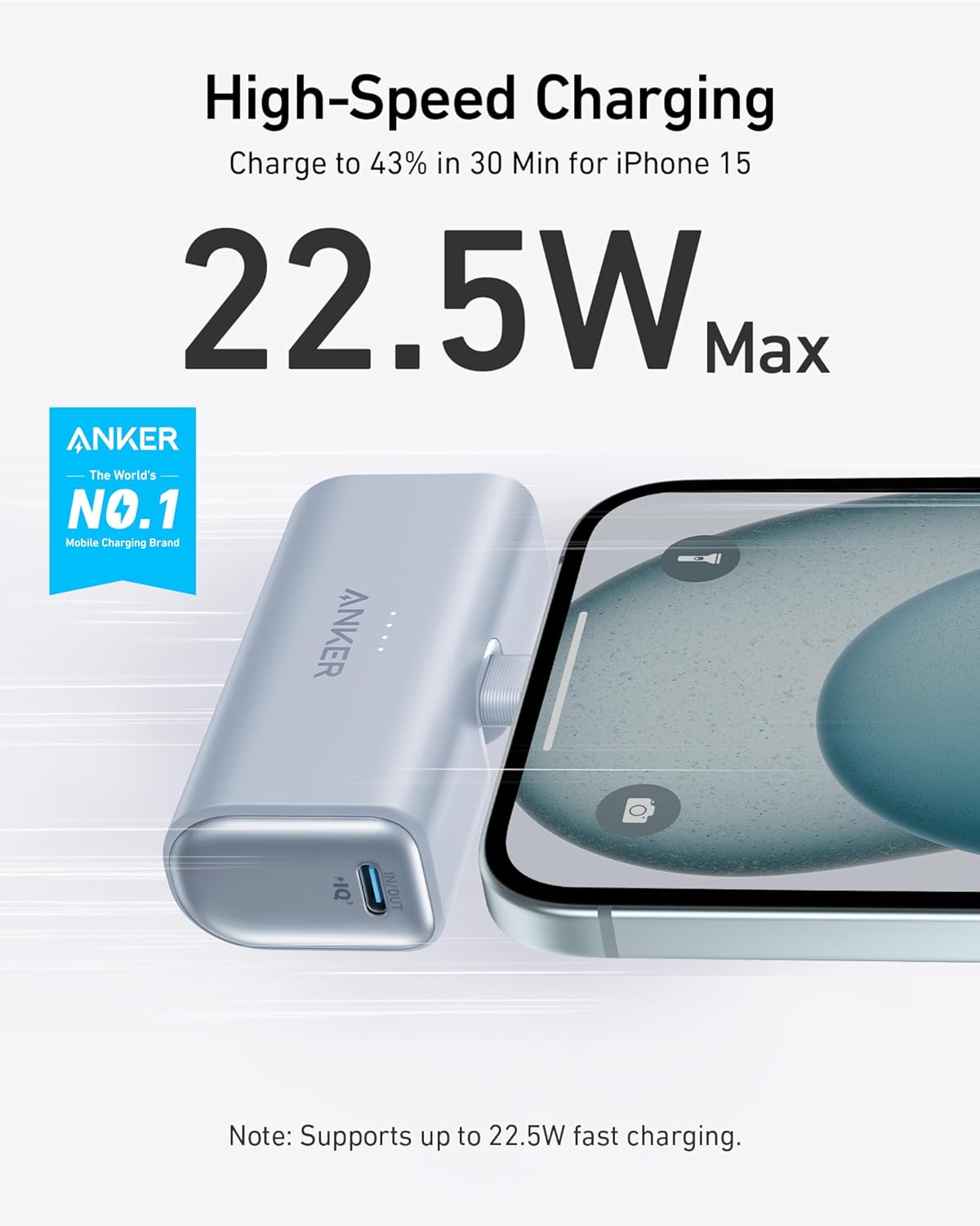 High-Speed Charging  
Charge to 43% in 30 Min for iPhone 15  
22.5W Max  

ANKER  
The World's NO.1 Mobile Charging Brand  

Note: Supports up to 22.5W fast charging.