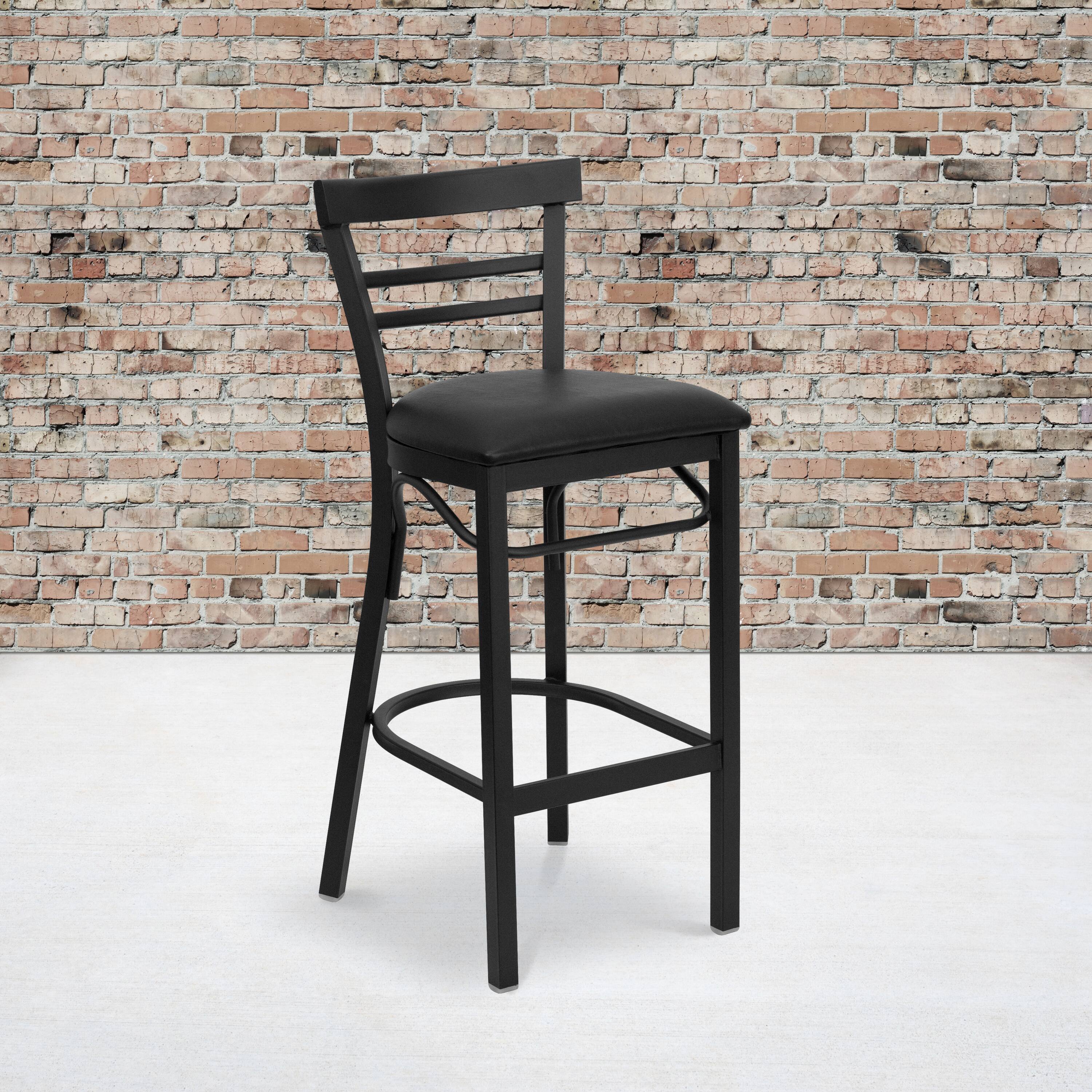 Alt View 1. Emma + Oliver - Two-Slat Ladder Back Metal Restaurant Dining Barstool - Black Vinyl Seat/Black Metal Frame.