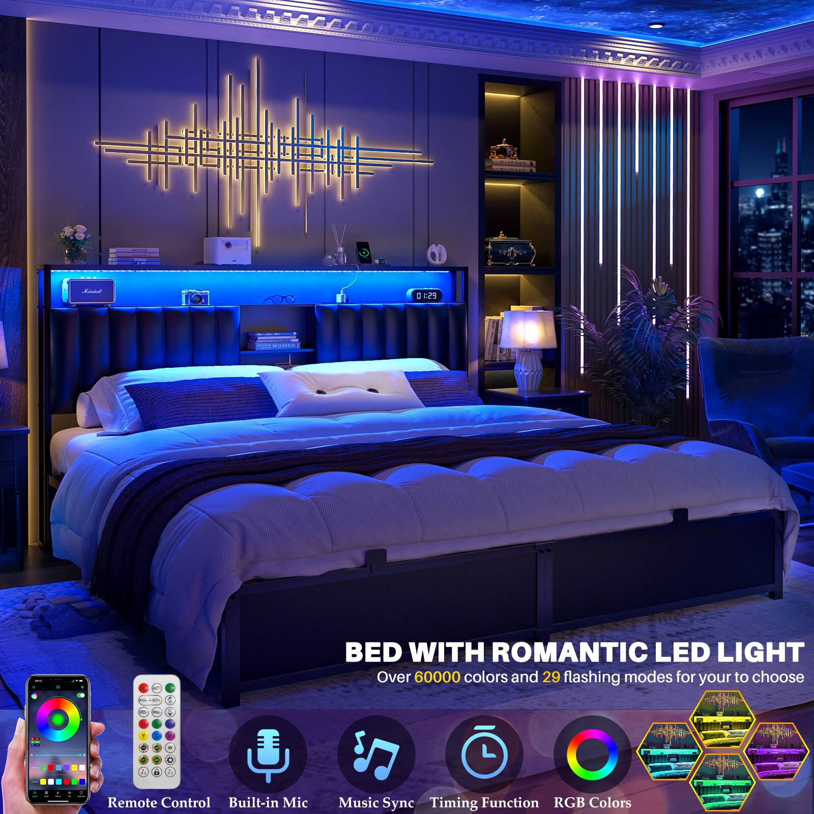 A | F29 I adidaa -. 1 BED WITH ROMANTIC LED LIGHT Over 60000 colors and 29 flashing modes for your to choose - -- + . . . . - - .  + - - 1 -  Remote Control Built-in Mic Music Sync Timing Function RGB Colors
