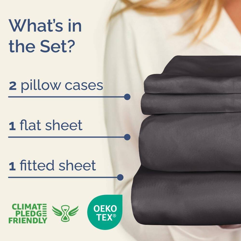 What's in the Set?  
2 pillow cases  
1 flat sheet  
1 fitted sheet  

CLIMATE PLEDGE FRIENDLY  
OEKO TEX