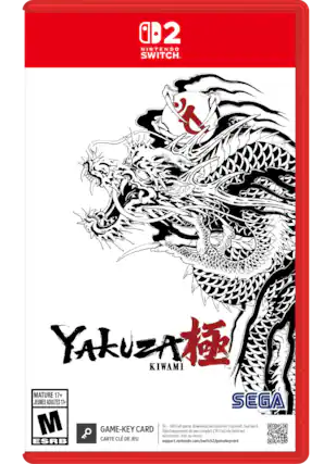 Sure, here is the corrected and grouped text from the image:
---
**Nintendo Switch**
**Yakuza Kiwami**
**SEGA**
**MATURE 17+**
**JEUNES ADULTES 17+**
**GAME-KEY CARD**
**CARTE CLÉ DE JEU**
**30 GB Full game download via internet required.**
**Téléchargement du jeu complet (30 Go) via Internet nécessaire.**
**See back.**
**Voir au verso.**
**support.nintendo.com/switch2/gamekeycard**
---
This text is organized to reflect the information on the cover of the game case. - M (Mature 17+)