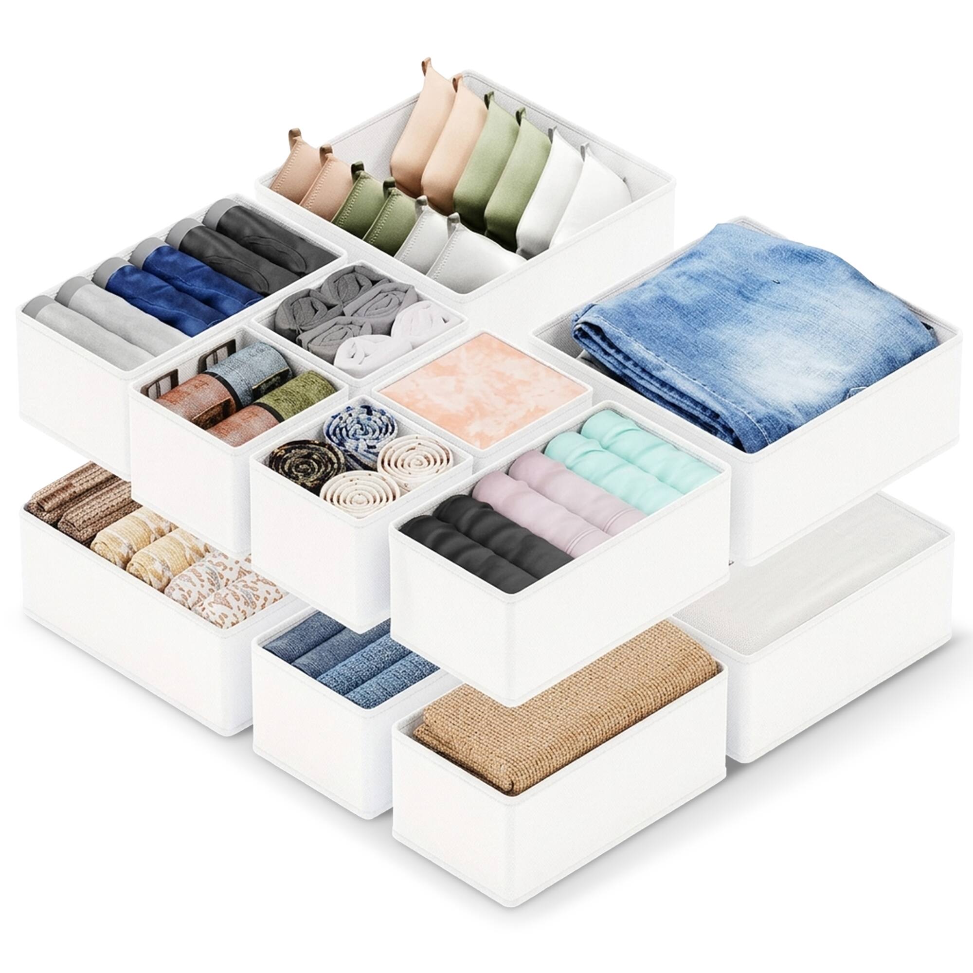 Front. Cheer Collection - 12-Piece Foldable Fabric Drawer Organizer Set with 3 Bin Sizes, White - White.