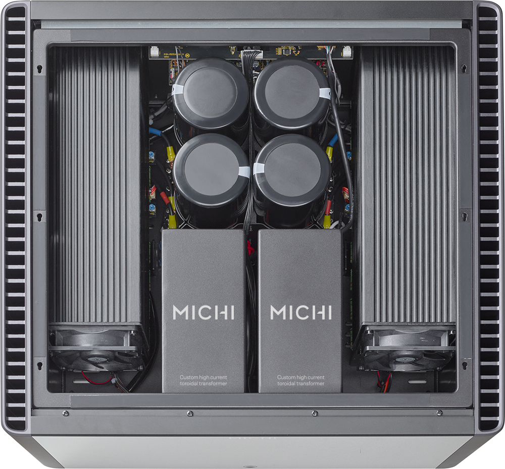 The text on the image reads "MICHI Custom high current toroidal transformer."