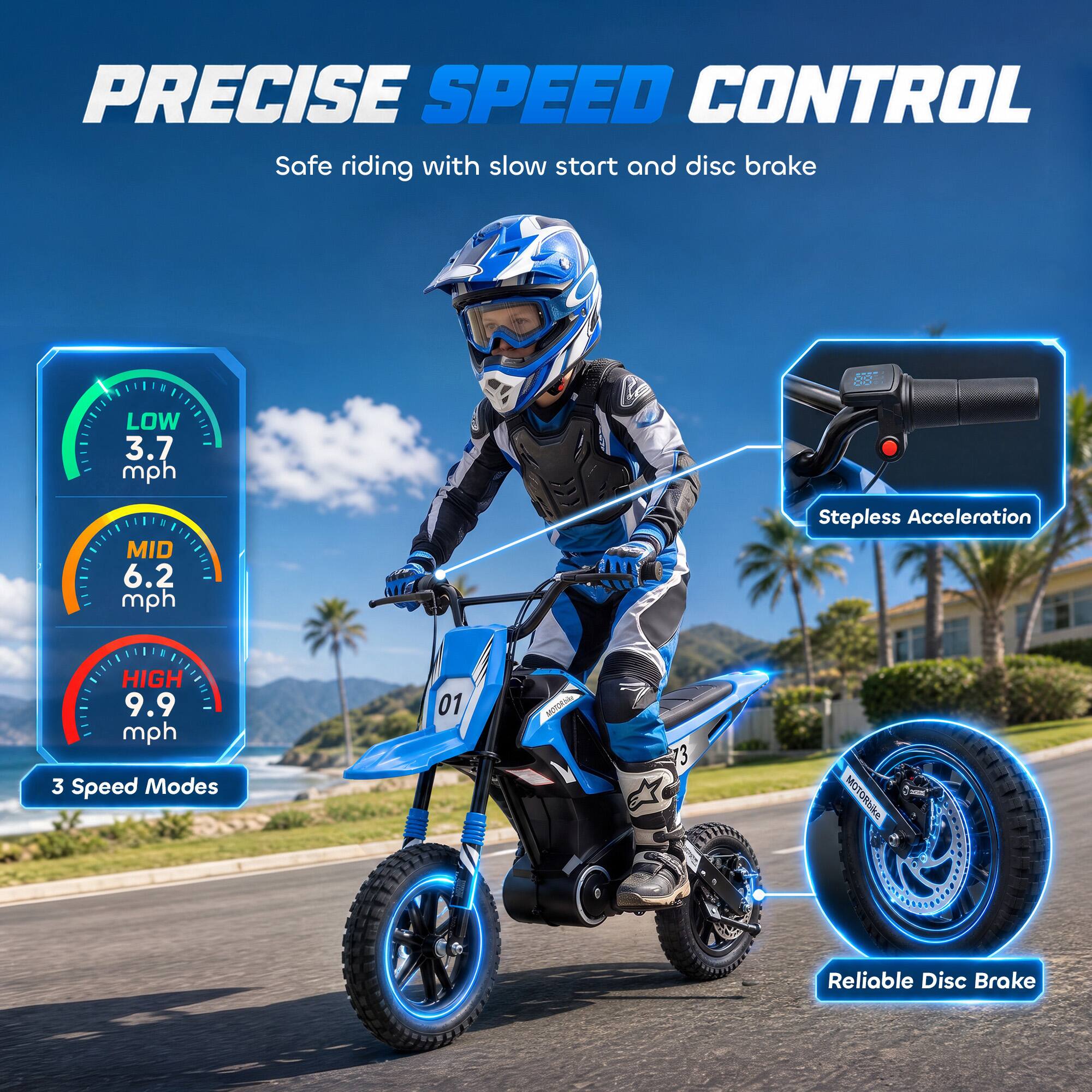 PRECISE SPEED CONTROL  
Safe riding with slow start and disc brake

LOW 3.7 mph  
MID 6.2 mph  
HIGH 9.9 mph  
3 Speed Modes

Stepless Acceleration

Reliable Disc Brake