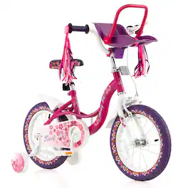Costway - 14" Kids Bike with Doll Seat Girls Bicycle with Training Wheels for 3-5 Years Old Girl - Pink,Purple