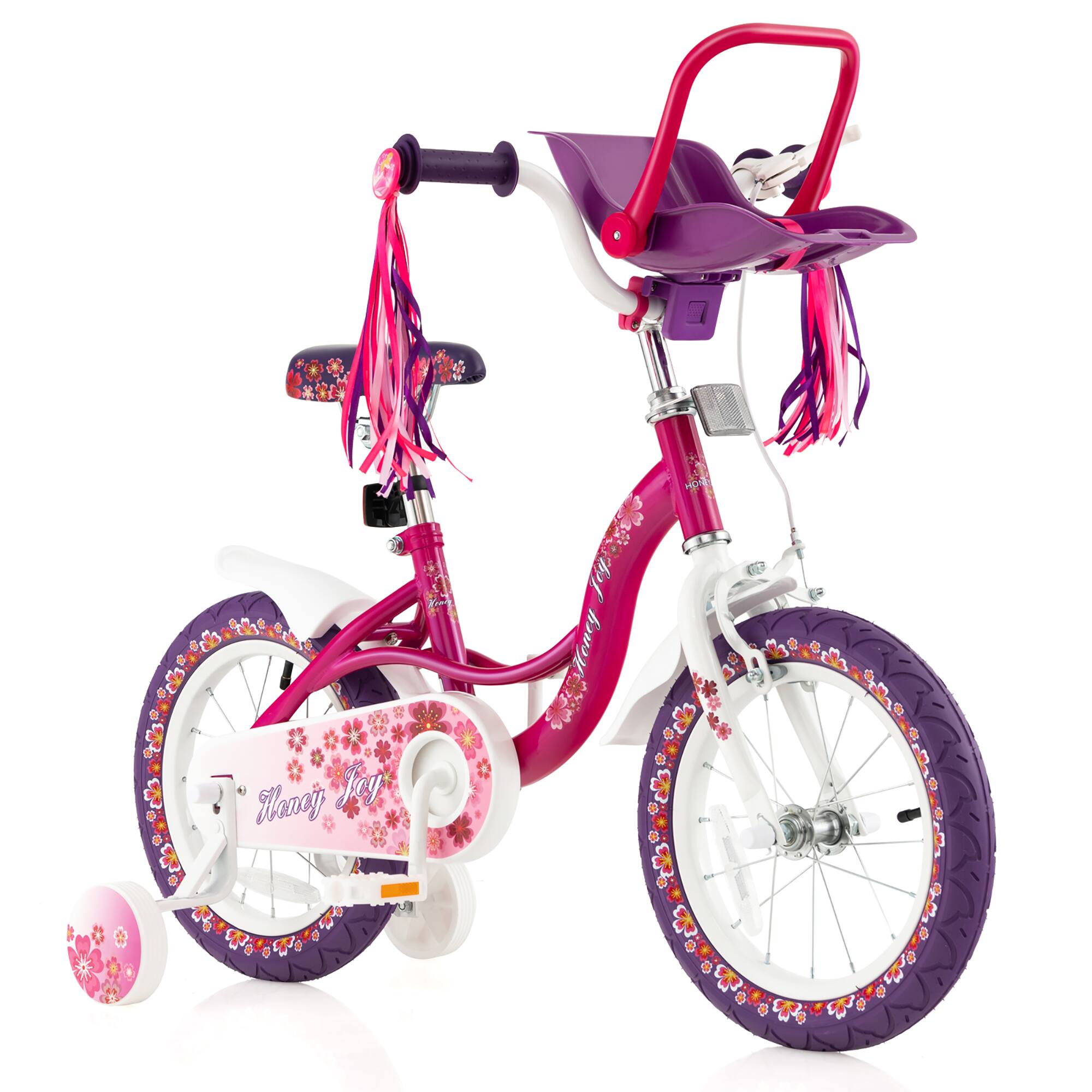 Costway - 14" Kids Bike with Doll Seat Girls Bicycle with Training Wheels for 3-5 Years Old Girl - Pink,Purple