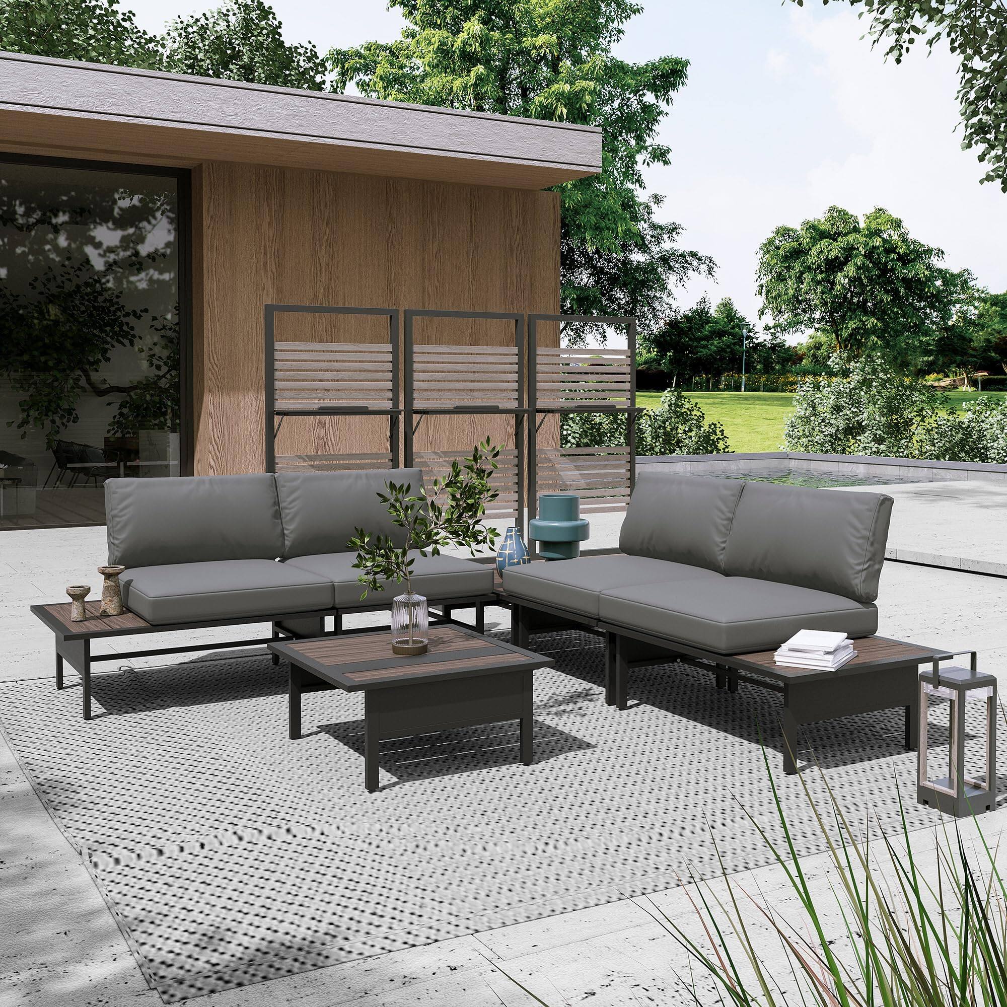 Angle. Yardgrace - Yardgrace Mena Combination Sofa Set of 6 outdoor sectional Comfortable Modular Couch for Family Easy Clean Fabric - Grey.