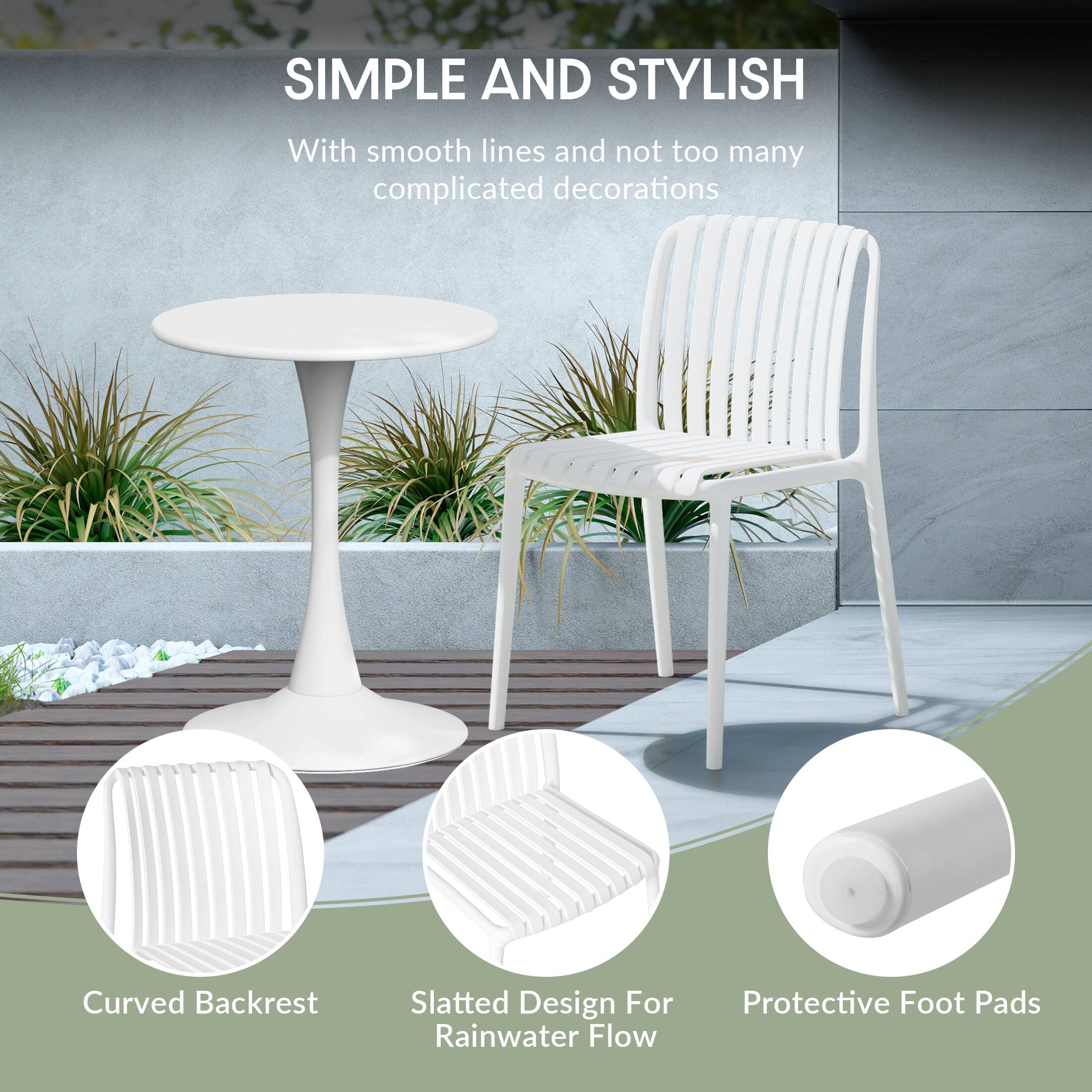 SIMPLE AND STYLISH  
With smooth lines and not too many complicated decorations  

Curved Backrest  
Slatted Design For Rainwater Flow  
Protective Foot Pads