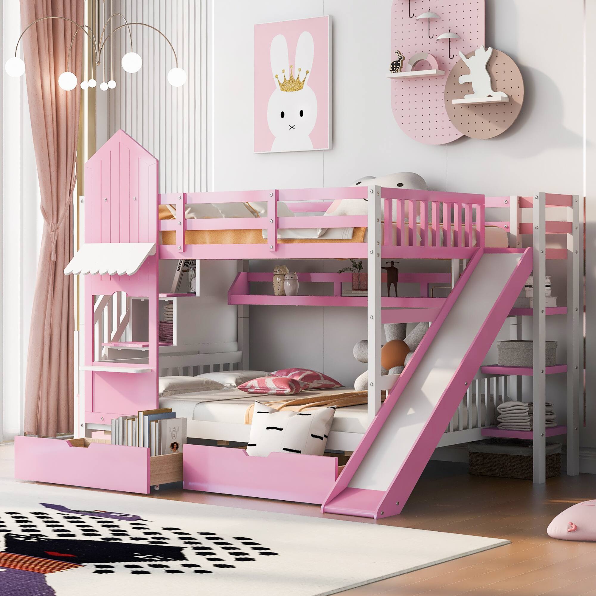 Tiramisubest - Pink Solid Wood Castle Style Bunk Bed with Drawers, Shelves and Slide, 106x77x73 inches, 313 pounds - Pink