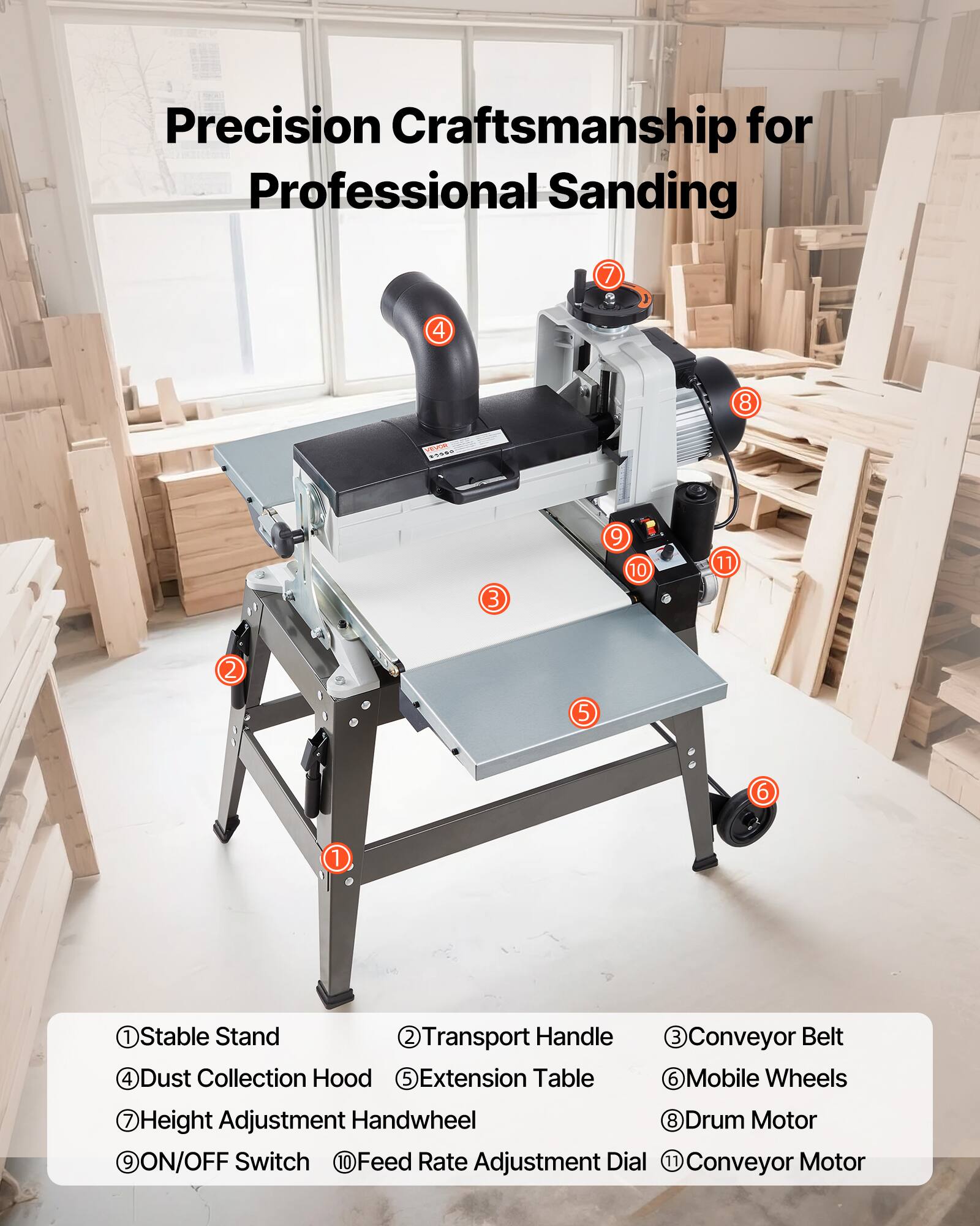 Precision Craftsmanship for Professional Sanding

1. Stable Stand
2. Transport Handle
3. Conveyor Belt
4. Dust Collection Hood
5. Extension Table
6. Mobile Wheels
7. Height Adjustment Handwheel
8. Drum Motor
9. ON/OFF Switch
10. Feed Rate Adjustment Dial
11. Conveyor Motor
