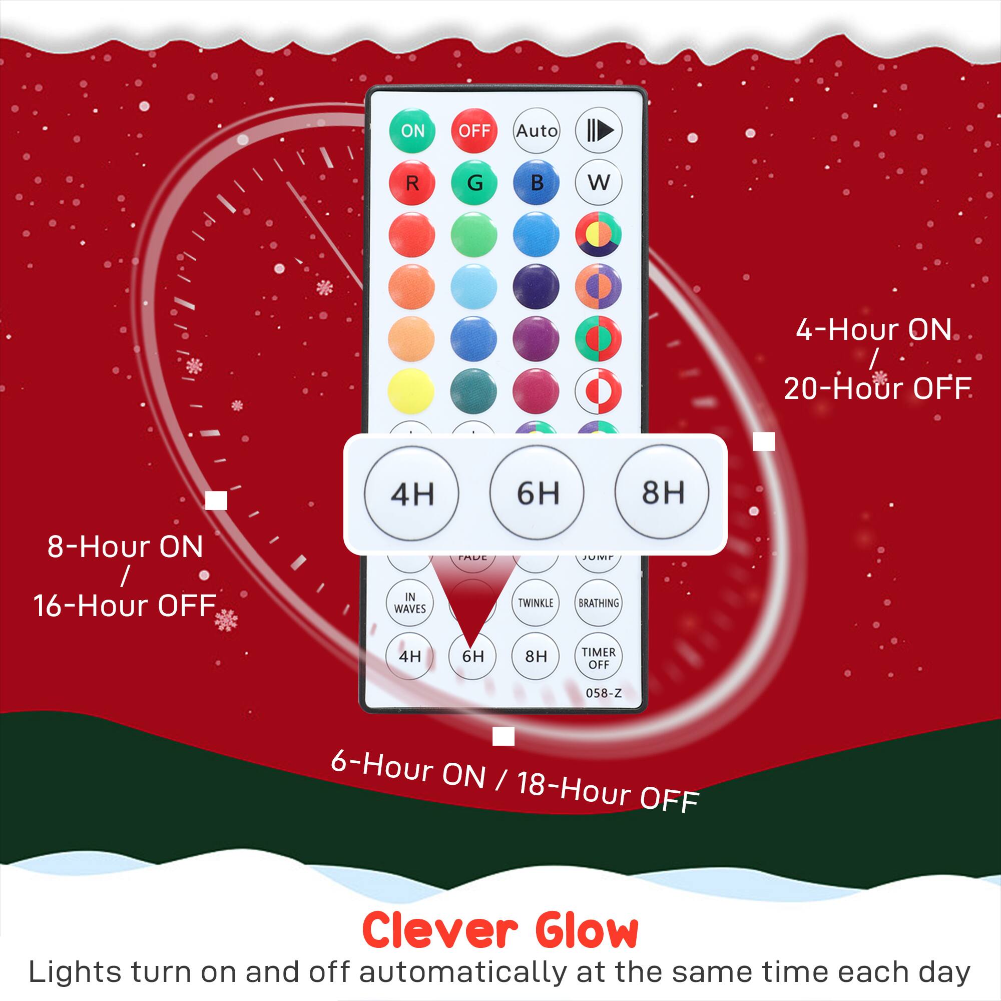 Clever Glow  
Lights turn on and off automatically at the same time each day  

ON OFF Auto R G B W  
4-Hour ON / 20-Hour OFF  
8-Hour ON / 16-Hour OFF  
6-Hour ON / 18-Hour OFF  

4H 6H 8H  
FADE IN WAVES TWINKLE BRATHING  
TIMER OFF 058-Z