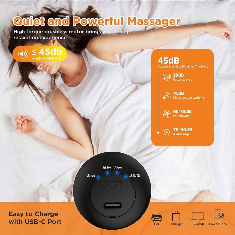 **Quiet and Powerful Massager**

High torque brushless motor brings you a deep relaxation experience

**≤ 45dB**

**45dB**
Custom Brushless DC Motor Tiny Noise

- 10dB Fallen leaves
- 45dB Massage gun working
- 60-70dB Fan blowing
- 75-90dB Alarm ring

**Easy to Charge with USB-C Port**

- Car
- Charger
- Laptop
- Power Bank