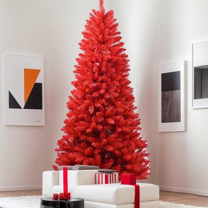 Front. Pefilos - 6ft PVC Christmas Tree with Hinged Branches, Stable Metal Base, Bold Holiday Decor, 804 Tips - Red.