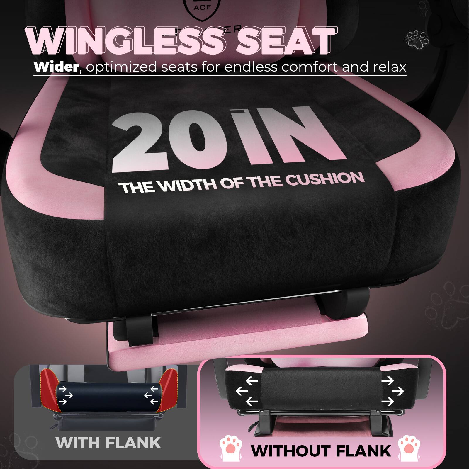 WINGLESS SEAT  
Wider, optimized seats for endless comfort and relax  

20IN  
THE WIDTH OF THE CUSHION  

WITH FLANK  
WITHOUT FLANK
