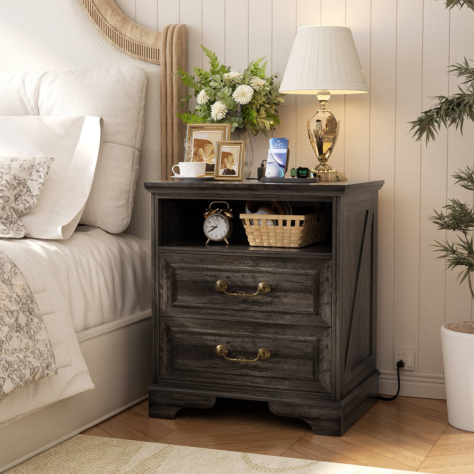Angle. Aheaplus - Farmhouse Rustic Charging Nightstand: 2 USB Ports, 3 AC Outlets, 2 Drawers + Open Shelf for Bedroom/Living Room - Gray Oak.
