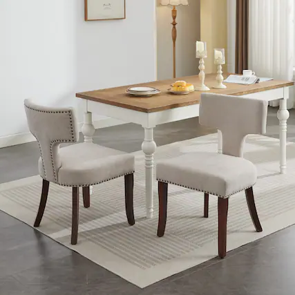 Front. GOODSILO - Modern Dining Chairs Set of Two with Curved Backrest and Upholstered Fabric Seating - Beige.