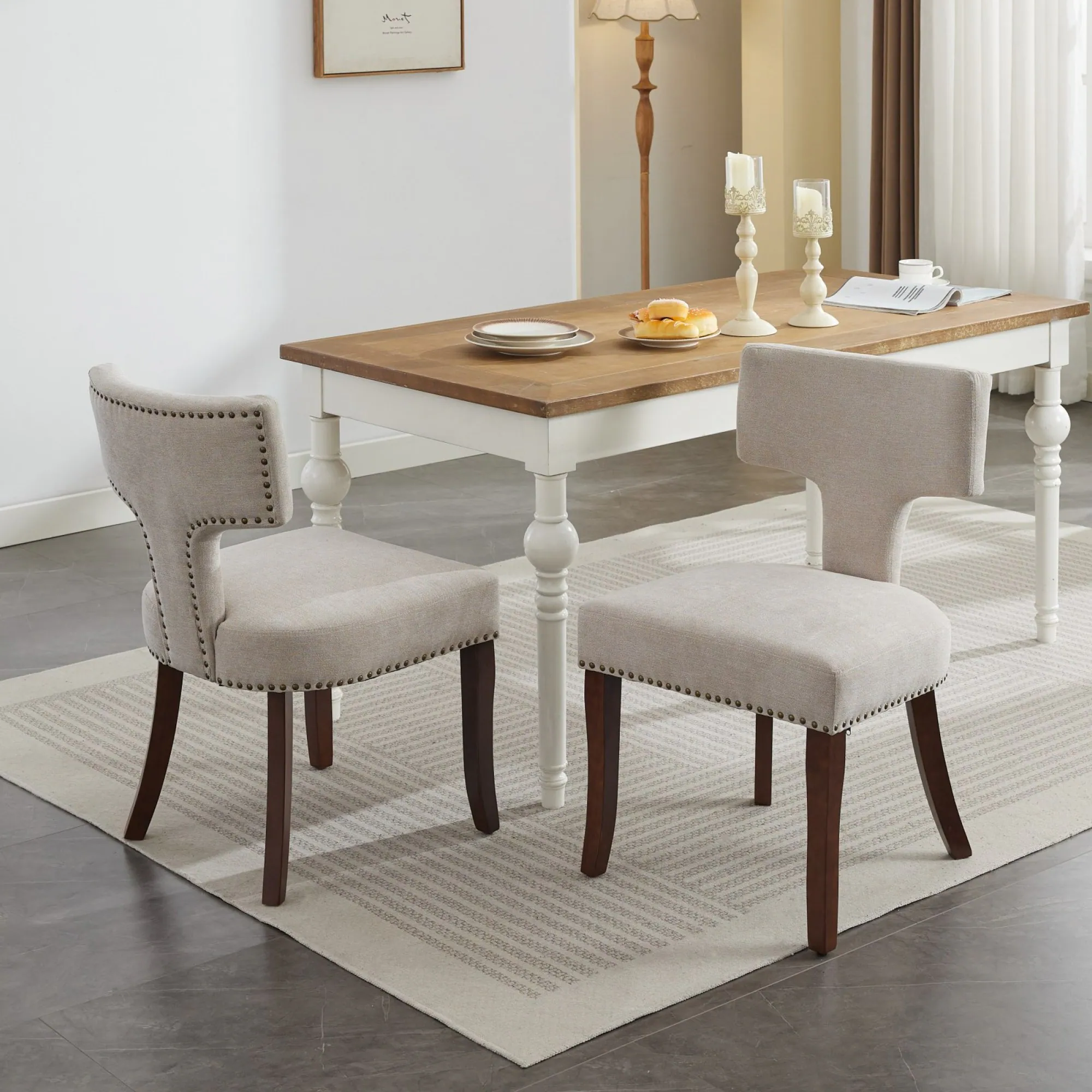 Front. GOODSILO - Modern Dining Chairs Set of Two with Curved Backrest and Upholstered Fabric Seating - Beige.