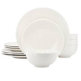 Elama - Gianna 12 Piece Round Stoneware Dinnerware Set - White