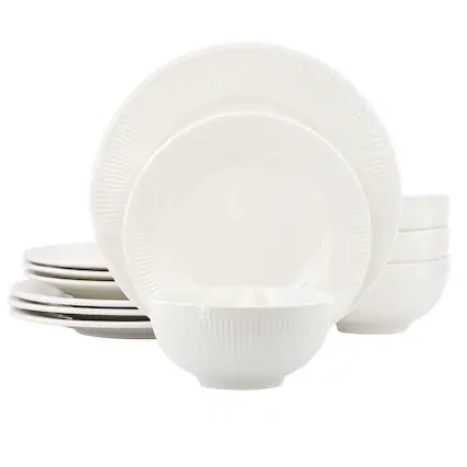 Front. Elama - Elama Gianna 12 Piece Round Stoneware Dinnerware Set in White - White.