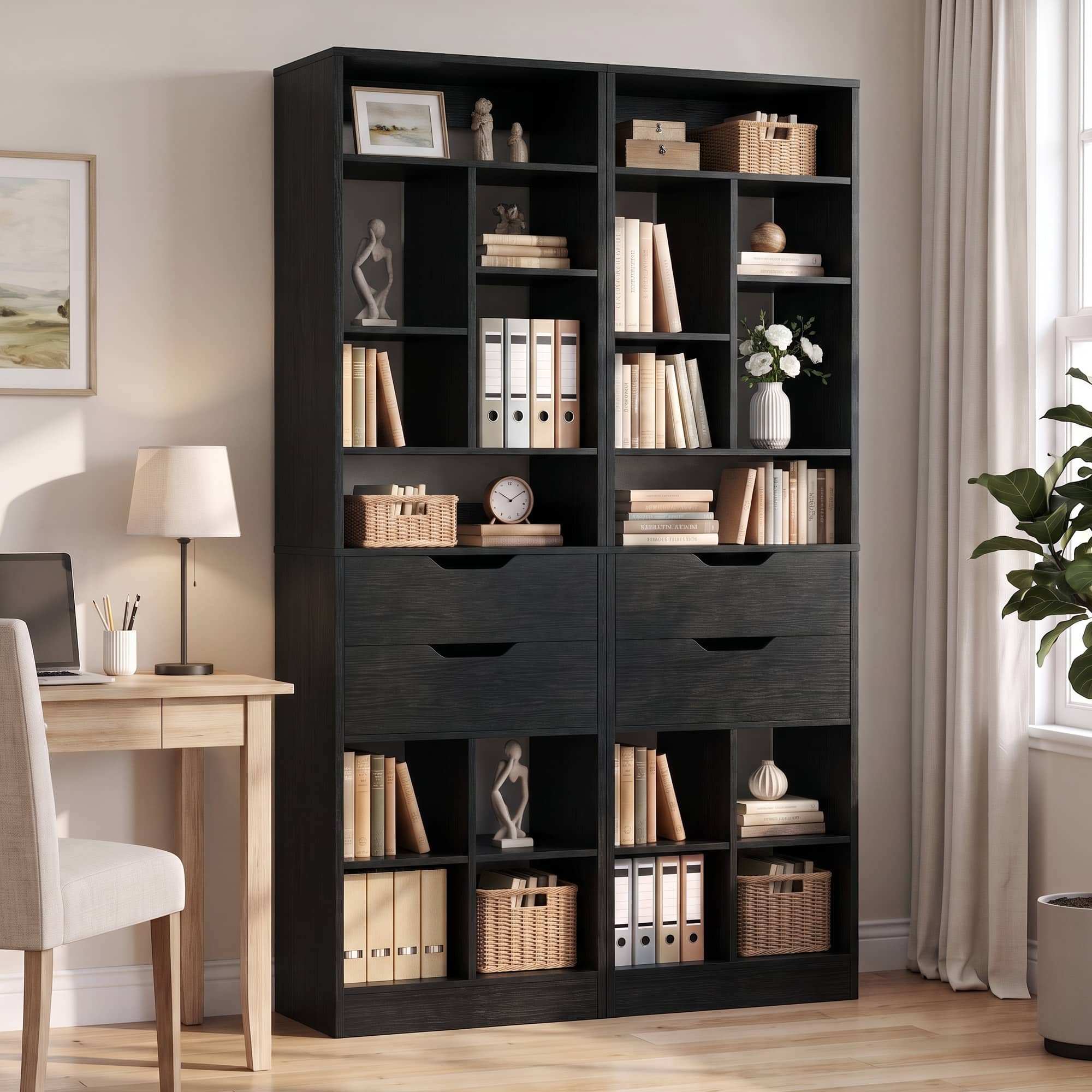 Aheaplus - 80" Tall Narrow 2-Piece Bookshelf Set with 2 Drawers, 10-Shelf Storage Organizer for Small Spaces - Black
