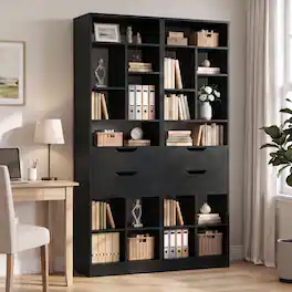 Aheaplus - 80" Tall Narrow 2-Piece Bookshelf Set with 2 Drawers, 10-Shelf Storage Organizer for Small Spaces - Black